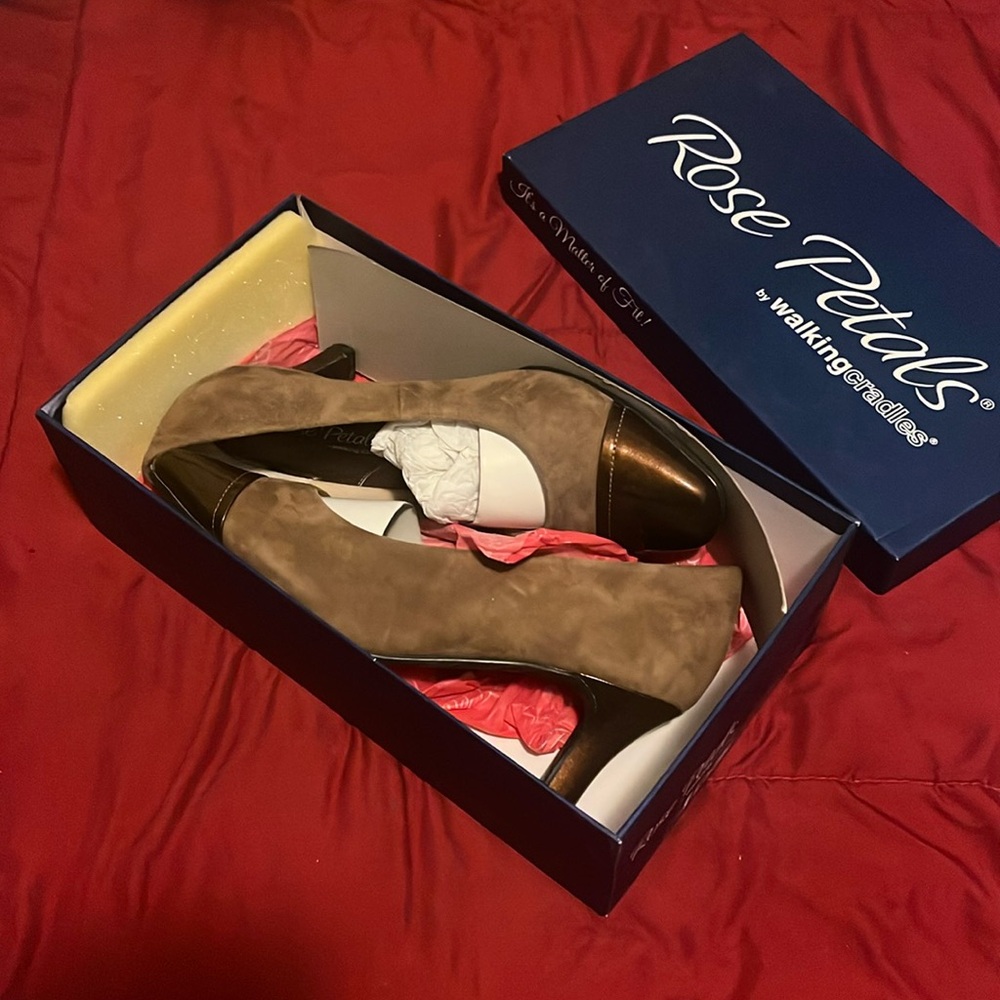 Rose Petals by Walking Cradles Race Taupe Suede Wide heels